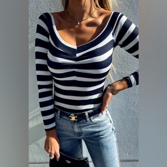 Tops - DANITA STRIPED FRONT RUCHED OFF SHOULDER BODYSUIT TOP